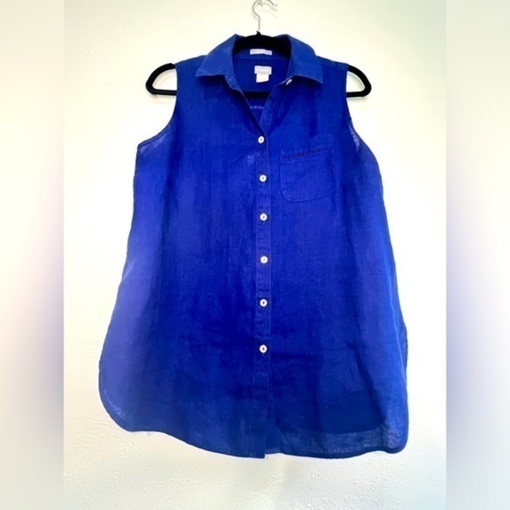 Chico’s cobalt blue sleeveless button-down linen blouse, 0P (4-6P) Preowned.